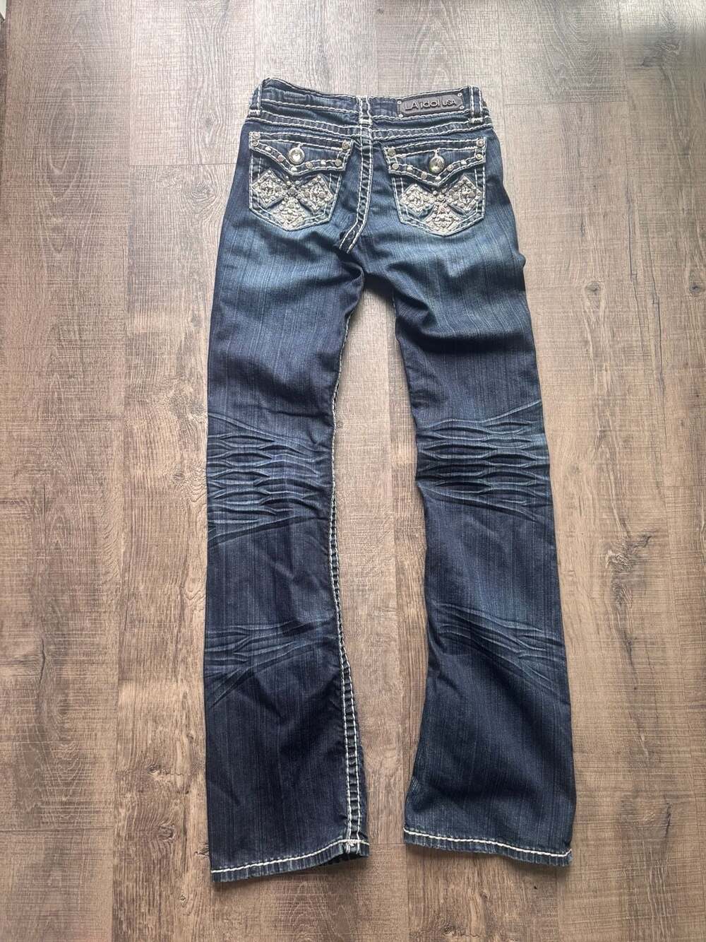 L.A. Idol USA Low Rise Rhinestone Embroidered Cross Bootcut Jeans